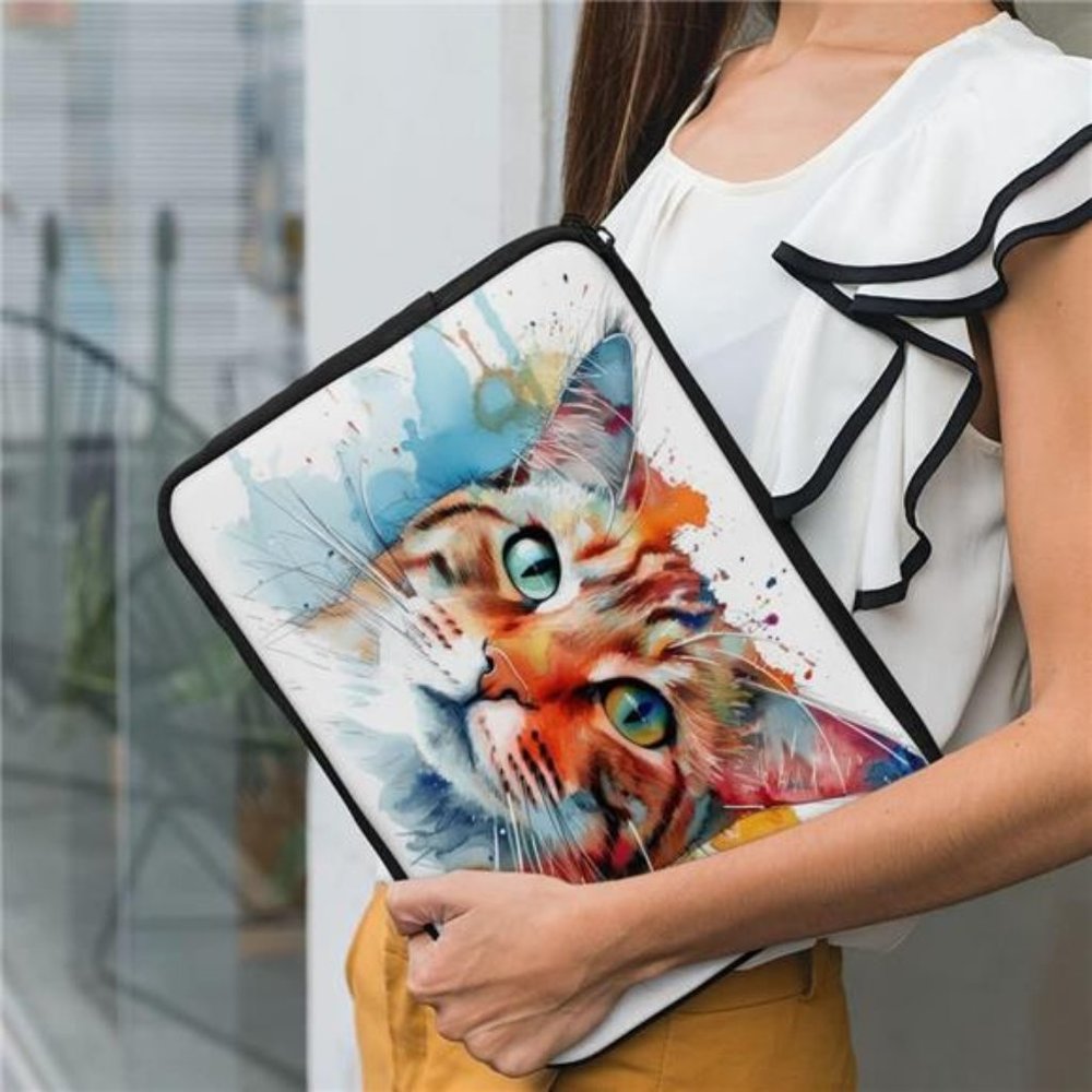 Abstract Cat Art 2-Sided Print Mac Book Air 14" Sleeve - Watercolor Print Sleeve
